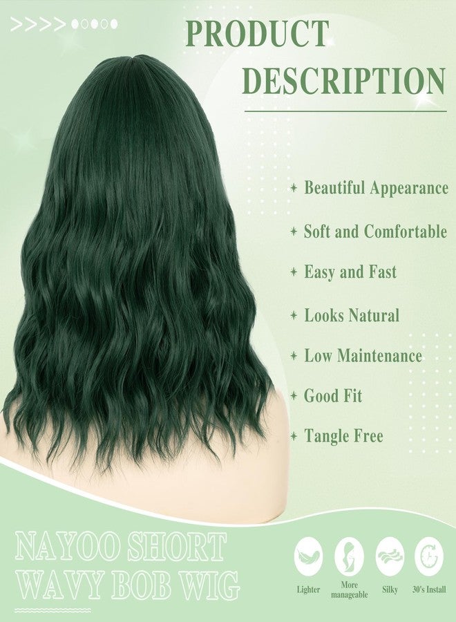 NAYOO Dark Green Wig with Bangs, 14 Inch Bob Wig with Bangs, Shoulder Length Green Short Wig for Daily Party Use - Image 2
